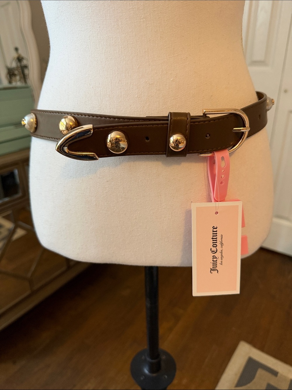 Juicy Couture Brown Leather Stud Belt with Gold-Tone Hardware